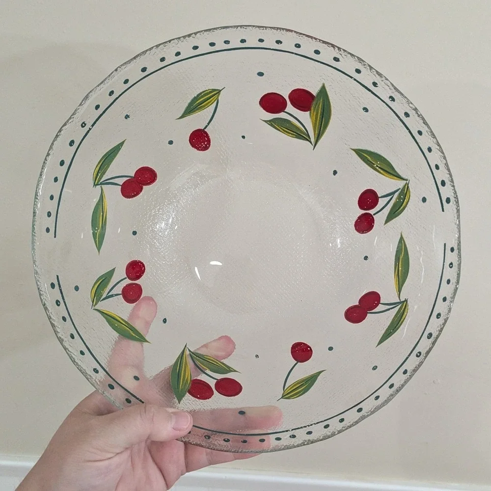 Arcoroc Serving Bowl Textured Glass‎ Hand Painted Cherry Motif 10.5